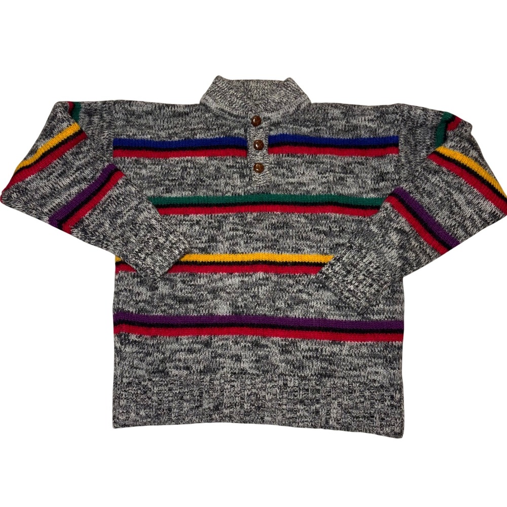 Boston Traders Vintage 100% Wool Striped Henley Sweater‎ Womens Large Gray Multi
